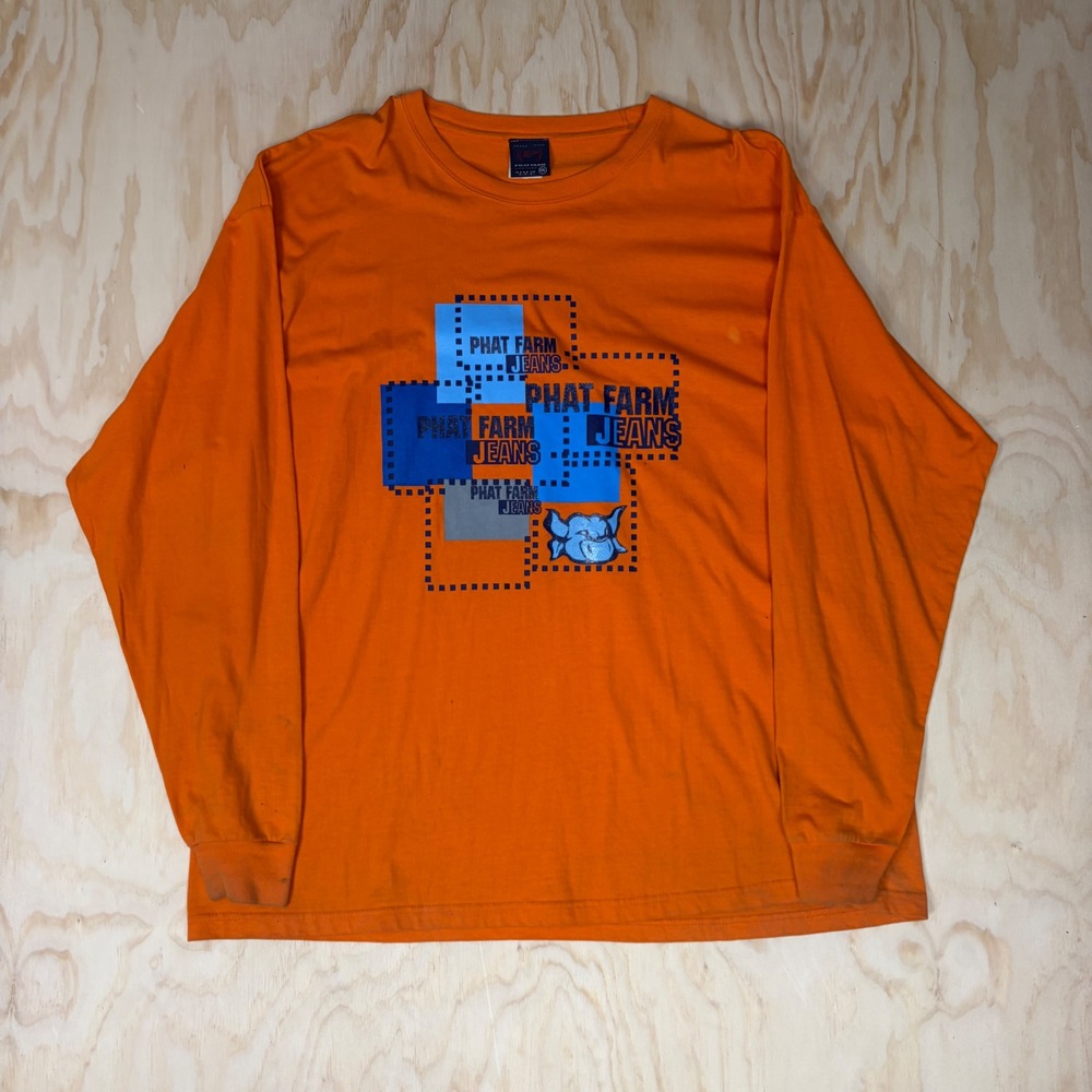 Vintage Phat Farm Jeans Long Sleeve Graphic T-Shirt Orange XXL Made in USA 90s